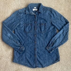 Loft The Softened Blue Chambray Button Up Shirt in Women's XS Extra Small Petite